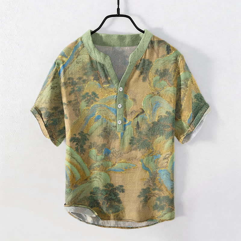 Buddha Stones Koszula męska z krótkim rękawem Cotton Mountain Emblem zapinana na pół guzika - DarkSeaGreen - US/UK/AU50, EU60 (5XL) - image 0