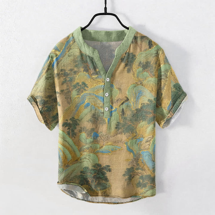 Buddha Stones Koszula męska z krótkim rękawem Cotton Mountain Emblem zapinana na pół guzika - DarkSeaGreen - US/UK/AU50, EU60 (5XL) - image 0