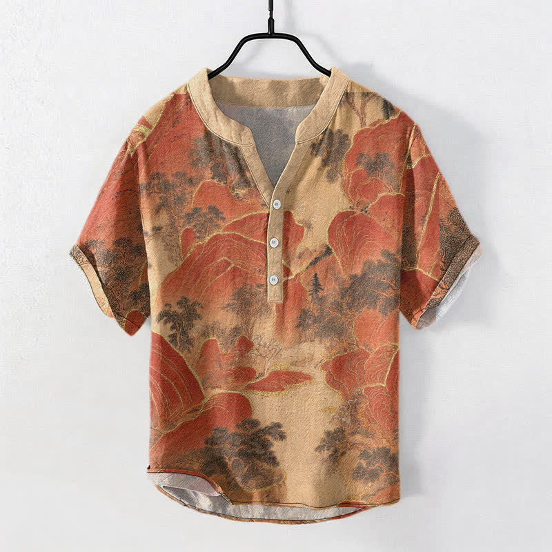 Buddha Stones Koszula męska z krótkim rękawem Cotton Mountain Emblem zapinana na pół guzika - Pomarańczowo-czerwony - US/UK/AU50, EU60 (5XL) - image 7