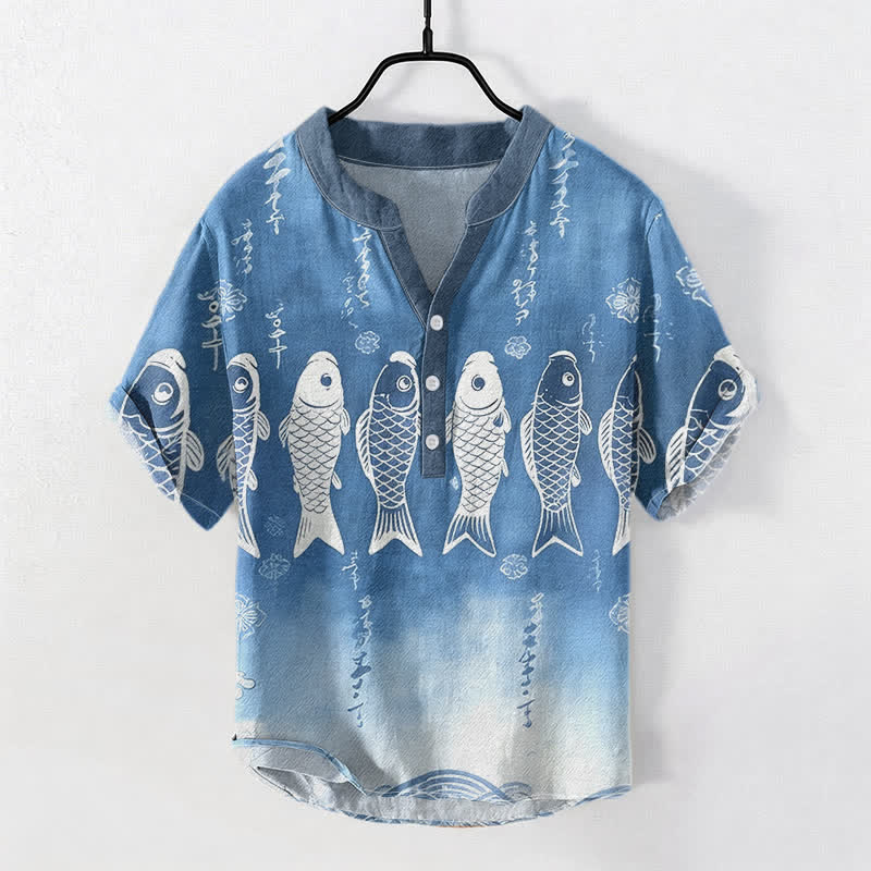 Buddha Stones Koszula męska z krótkim rękawem i półguzikiem z bawełny Koi Fish Emblem - Stalowoniebieski - US/UK/AU50, EU60 (5XL) - image 0