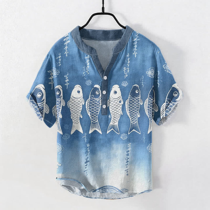 Buddha Stones Koszula męska z krótkim rękawem i półguzikiem z bawełny Koi Fish Emblem - Stalowoniebieski - US/UK/AU50, EU60 (5XL) - image 0