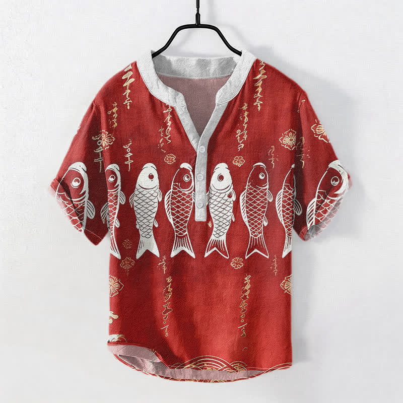 Buddha Stones Koszula męska z krótkim rękawem i półguzikiem z bawełny Koi Fish Emblem - Cegła ogniotrwała - US/UK/AU50, EU60 (5XL) - image 3