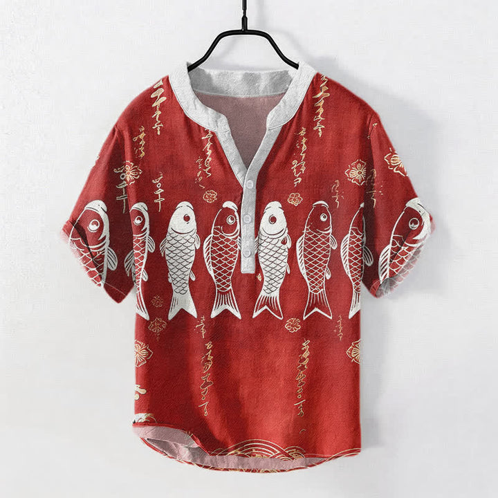 Buddha Stones Koszula męska z krótkim rękawem i półguzikiem z bawełny Koi Fish Emblem - Cegła ogniotrwała - US/UK/AU50, EU60 (5XL) - image 3