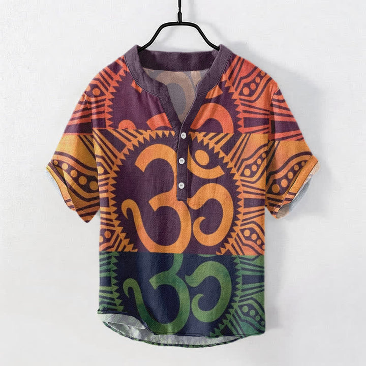 Buddha Stones Koszula męska z krótkim rękawem Cotton Om Emblem zapinana na pół guzika - Ciemnofioletowy - US/UK/AU50, EU60 (5XL) - image 0