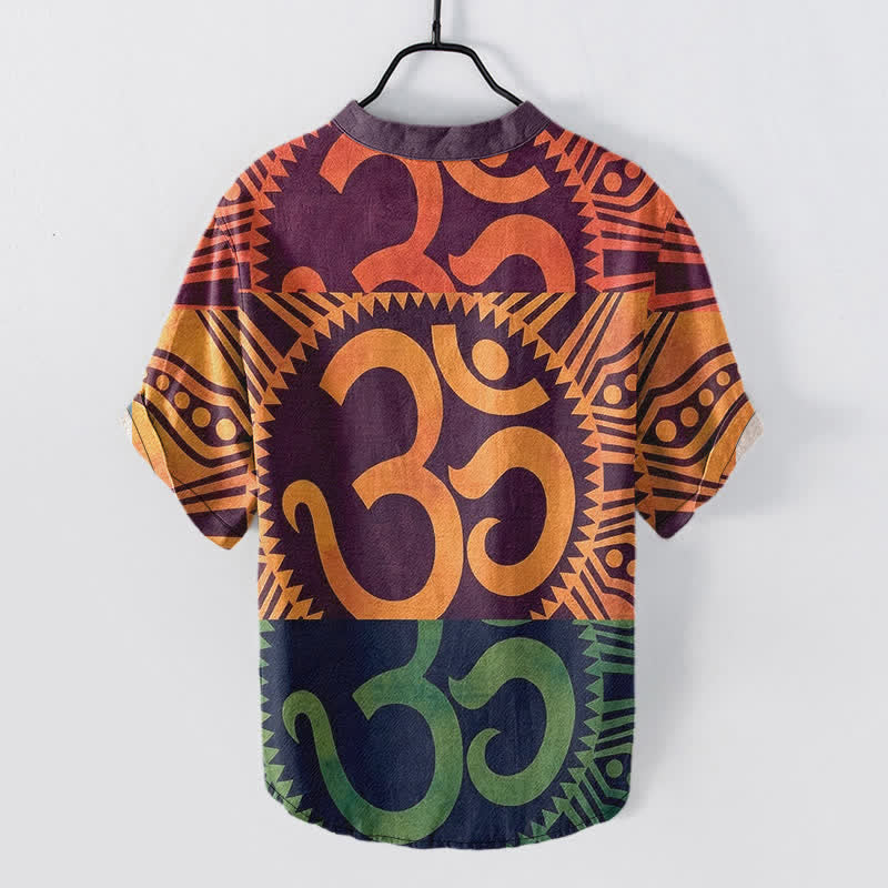 Buddha Stones Koszula męska z krótkim rękawem Cotton Om Emblem zapinana na pół guzika - image 1