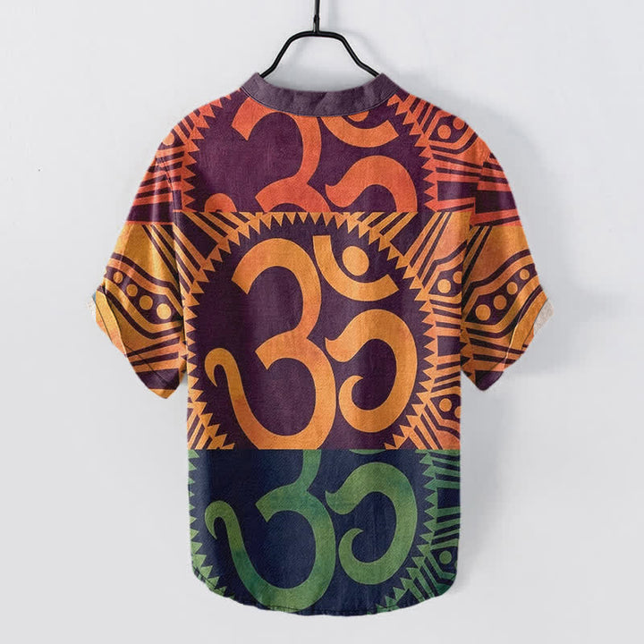 Buddha Stones Koszula męska z krótkim rękawem Cotton Om Emblem zapinana na pół guzika - image 1