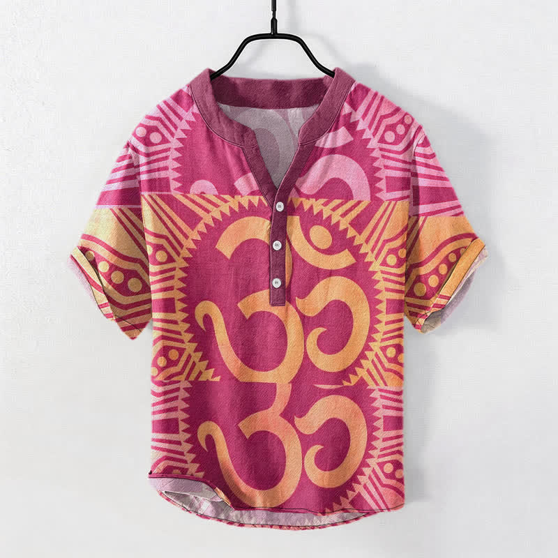 Buddha Stones Koszula męska z krótkim rękawem Cotton Om Emblem zapinana na pół guzika - Gorący róż - US/UK/AU50, EU60 (5XL) - image 6