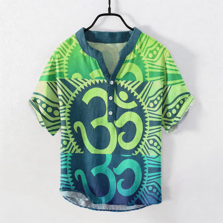 Buddha Stones Koszula męska z krótkim rękawem Cotton Om Emblem zapinana na pół guzika - Zielonozielony - US/UK/AU50, EU60 (5XL) - image 4