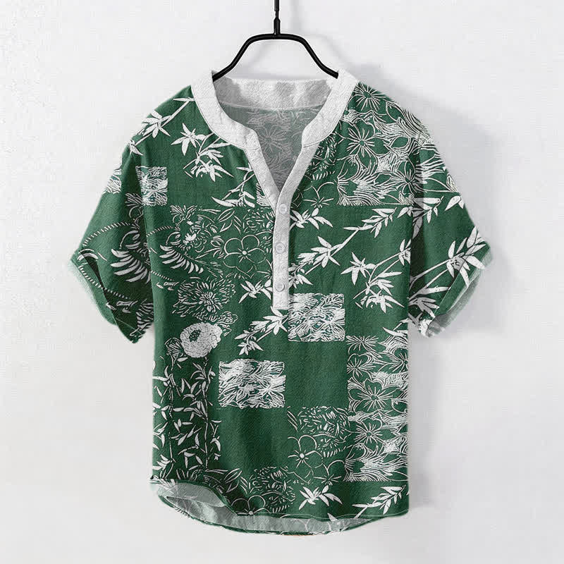 Buddha Stones Koszula męska z krótkim rękawem i krótkim guzikiem z bawełny Bamboo Plum Emblem - Ciemnozielony - US/UK/AU50, EU60 (5XL) - image 0