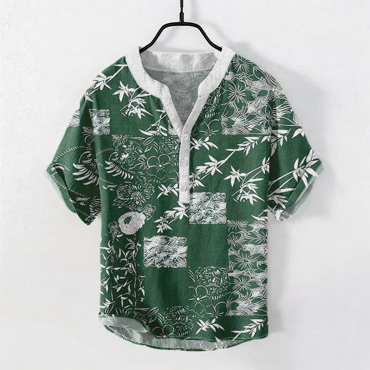 Buddha Stones Koszula męska z krótkim rękawem i krótkim guzikiem z bawełny Bamboo Plum Emblem - Ciemnozielony - US/UK/AU50, EU60 (5XL) - image 0