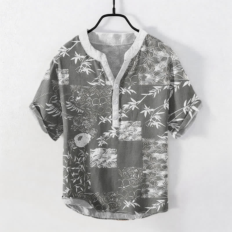 Buddha Stones Koszula męska z krótkim rękawem i krótkim guzikiem z bawełny Bamboo Plum Emblem - DimGray - US/UK/AU50, EU60 (5XL) - image 5