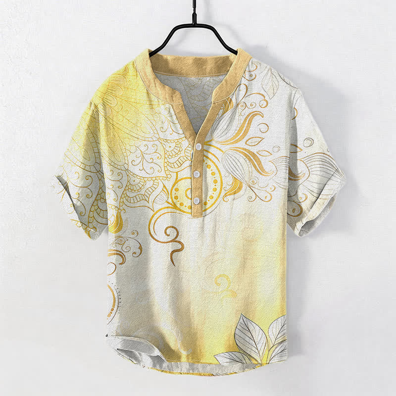 Buddha Stones Koszula męska z krótkim rękawem i kwiatowym emblematem z bawełny mandali, zapinana na pół guzika - Khaki - US/UK/AU50, EU60 (5XL) - image 5