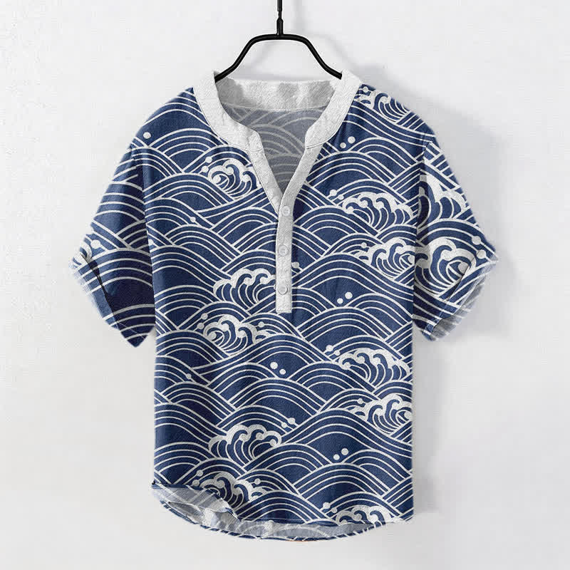 Buddha Stones Koszula męska z krótkim rękawem Cotton Wave Emblem zapinana na pół guzika - Stalowoniebieski - US/UK/AU50, EU60 (5XL) - image 0