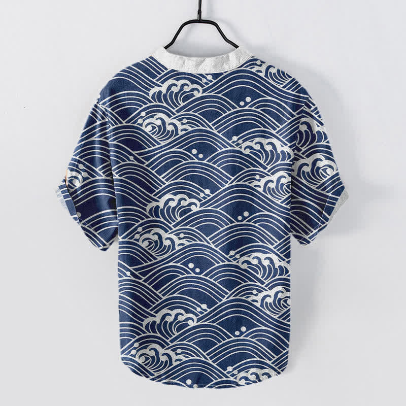 Buddha Stones Koszula męska z krótkim rękawem Cotton Wave Emblem zapinana na pół guzika - image 1