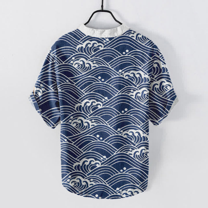 Buddha Stones Koszula męska z krótkim rękawem Cotton Wave Emblem zapinana na pół guzika - image 1