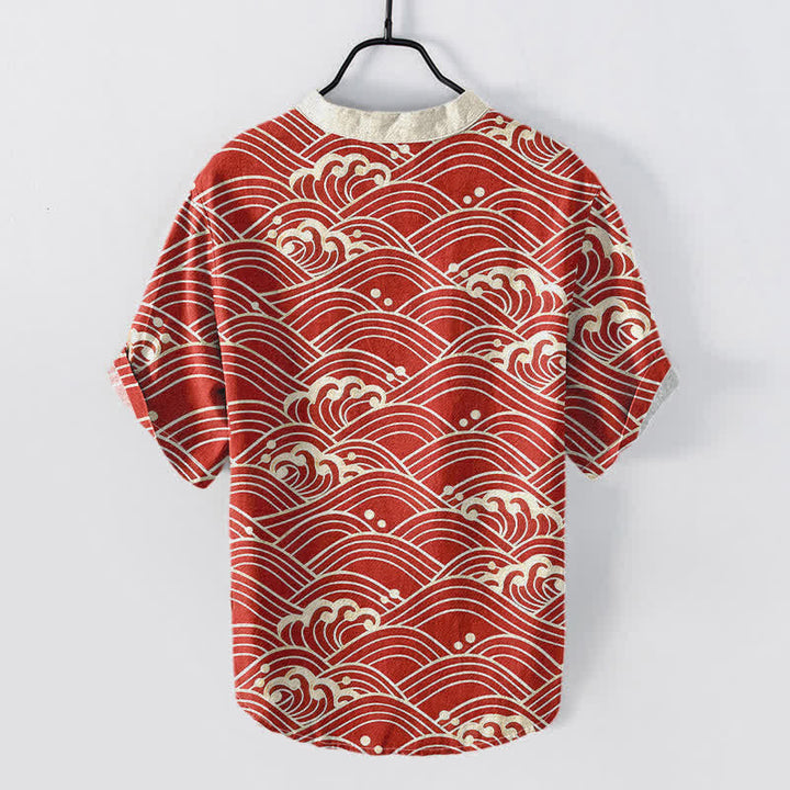 Buddha Stones Koszula męska z krótkim rękawem Cotton Wave Emblem zapinana na pół guzika - image 4
