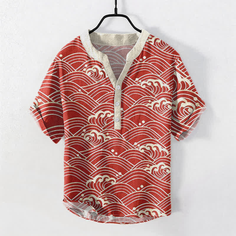 Buddha Stones Koszula męska z krótkim rękawem Cotton Wave Emblem zapinana na pół guzika - Cegła ogniotrwała - US/UK/AU50, EU60 (5XL) - image 3