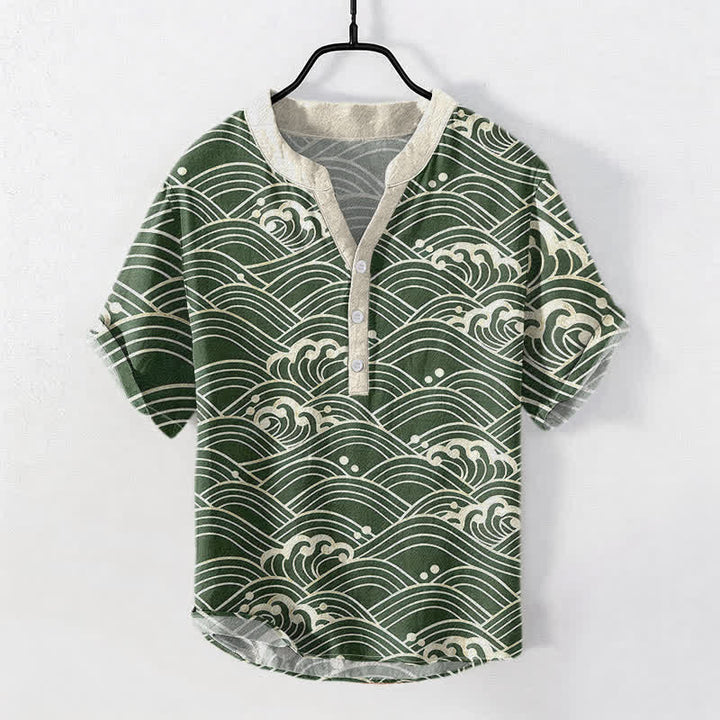 Buddha Stones Koszula męska z krótkim rękawem Cotton Wave Emblem zapinana na pół guzika - SeaGreen - US/UK/AU50, EU60 (5XL) - image 5