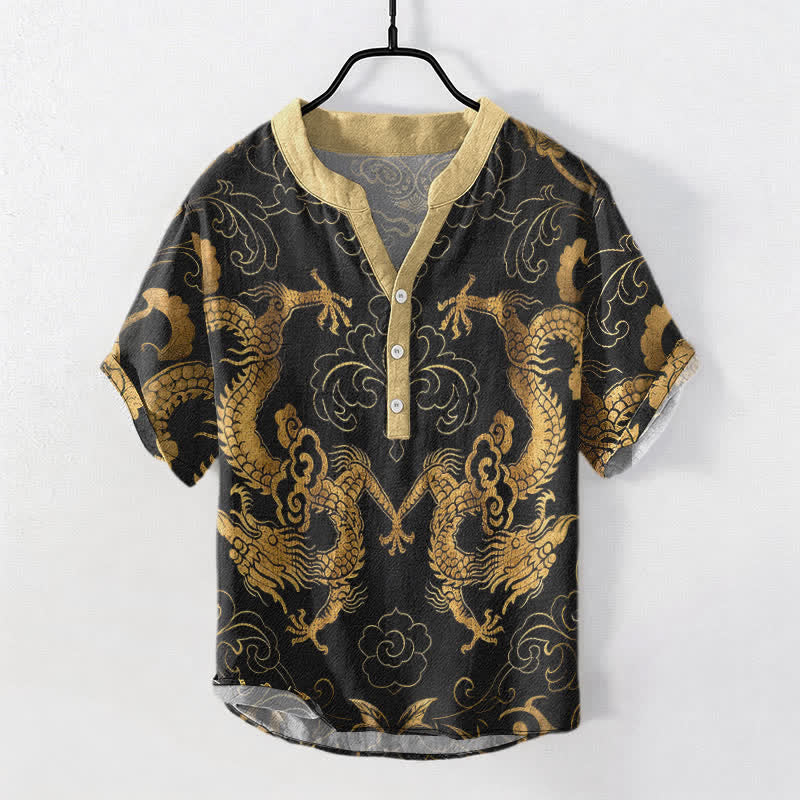 Buddha Stones Koszula męska z krótkim rękawem Cotton Dragon Cloud Emblem zapinana na pół guzika - Złoto - US/UK/AU50, EU60 (5XL) - image 0