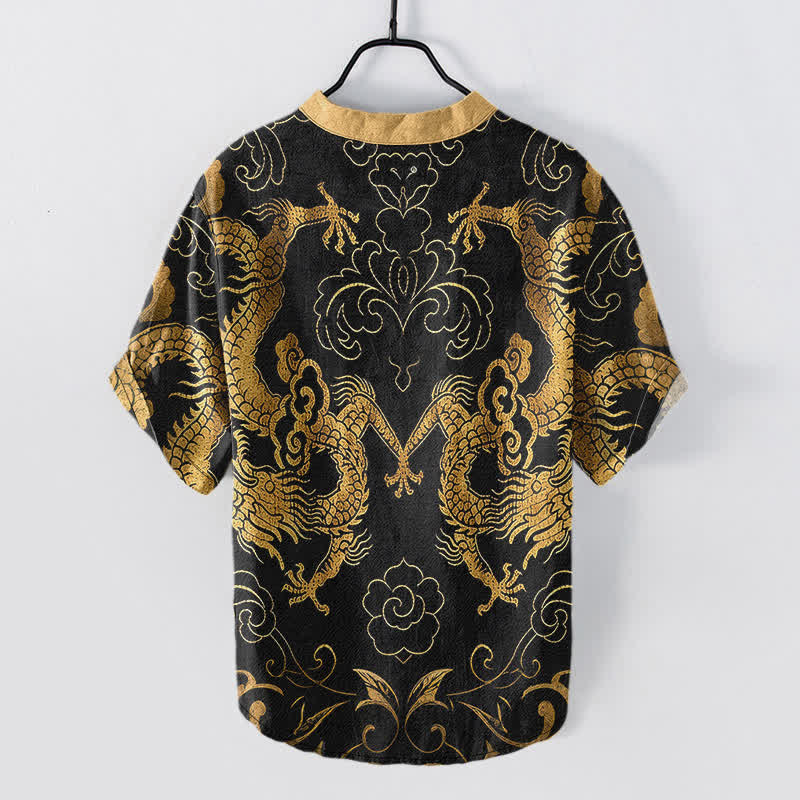 Buddha Stones Koszula męska z krótkim rękawem Cotton Dragon Cloud Emblem zapinana na pół guzika - image 1