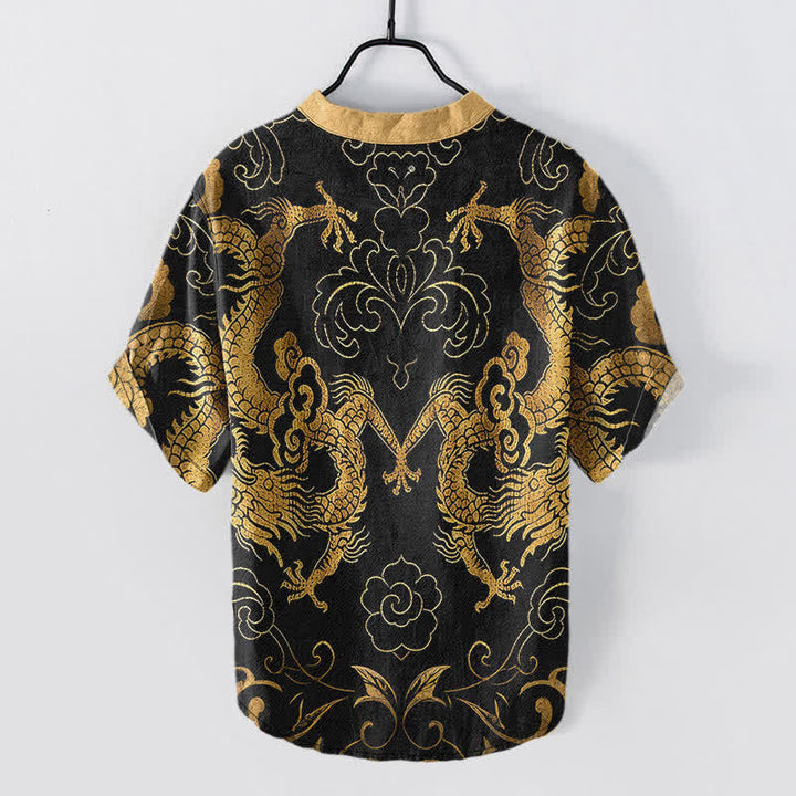 Buddha Stones Koszula męska z krótkim rękawem Cotton Dragon Cloud Emblem zapinana na pół guzika - image 1