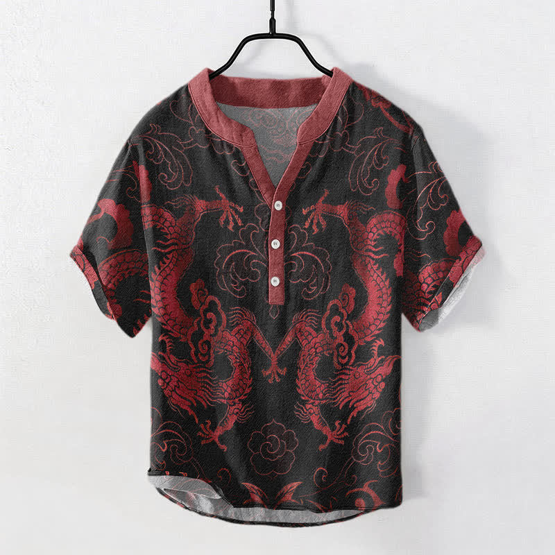 Buddha Stones Koszula męska z krótkim rękawem Cotton Dragon Cloud Emblem zapinana na pół guzika - Cegła ogniotrwała - US/UK/AU50, EU60 (5XL) - image 5