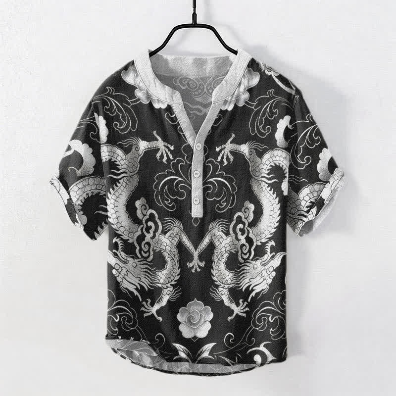 Buddha Stones Koszula męska z krótkim rękawem Cotton Dragon Cloud Emblem zapinana na pół guzika - Ciemnoszary - US/UK/AU50, EU60 (5XL) - image 7