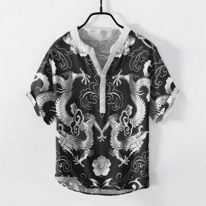 Buddha Stones Koszula męska z krótkim rękawem Cotton Dragon Cloud Emblem zapinana na pół guzika - Ciemnoszary - US/UK/AU50, EU60 (5XL) - image 7