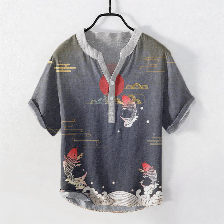 Buddha Stones Koszula męska z krótkim rękawem i krótkim guzikiem z motywem ryby Koi w kolorze czerwonym i słonecznym - DimGray - US/UK/AU50, EU60 (5XL) - image 0