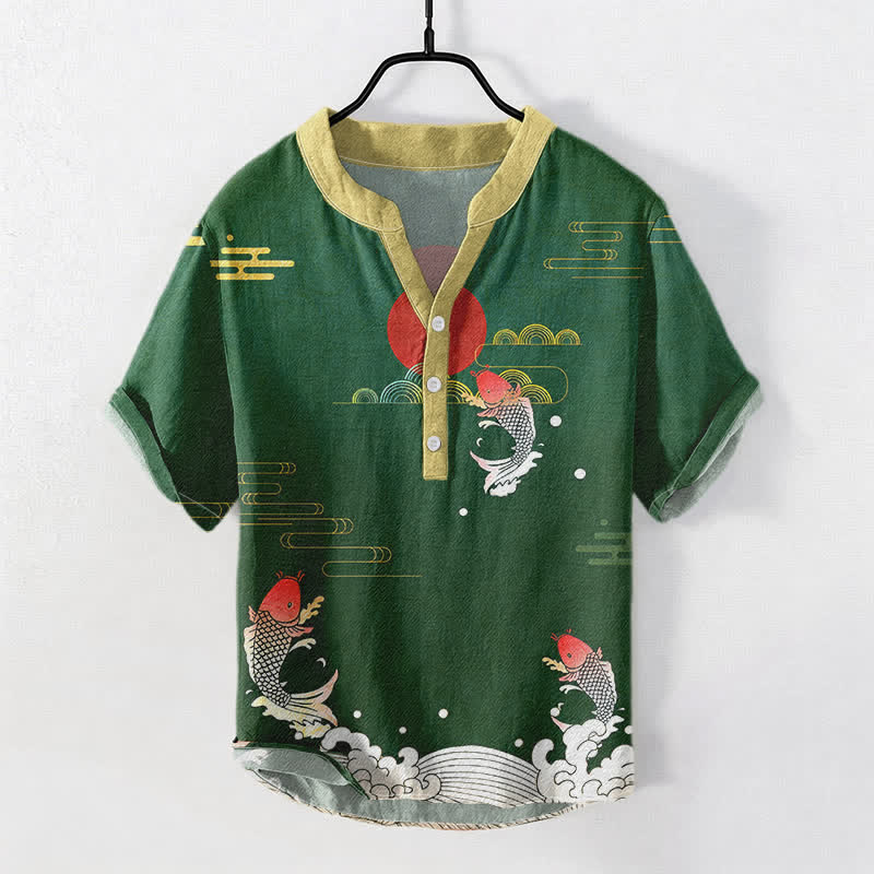 Buddha Stones Koszula męska z krótkim rękawem i krótkim guzikiem z motywem ryby Koi w kolorze czerwonym i słonecznym - Ciemnozielony - US/UK/AU50, EU60 (5XL) - image 3