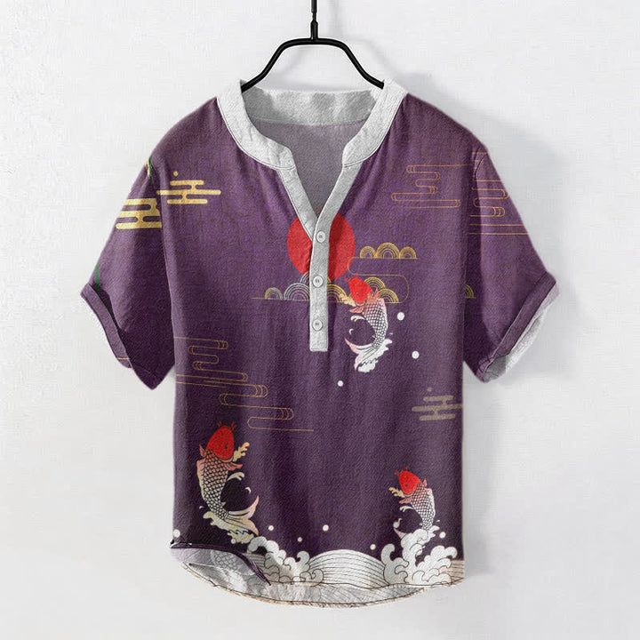Buddha Stones Koszula męska z krótkim rękawem i krótkim guzikiem z motywem ryby Koi w kolorze czerwonym i słonecznym - CiemnaOrchidea - US/UK/AU50, EU60 (5XL) - image 5