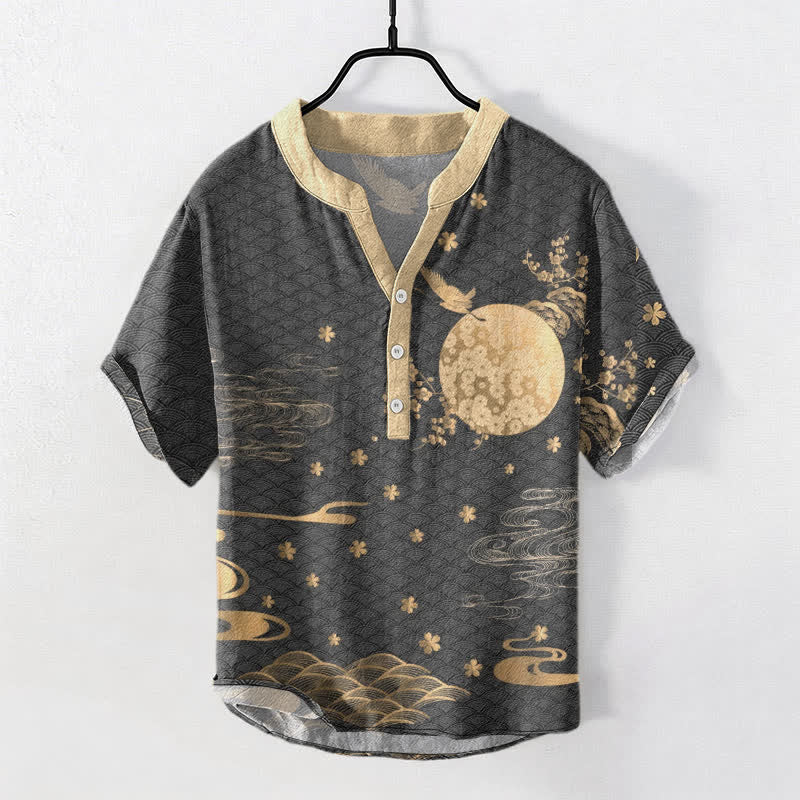 Buddha Stones Koszula męska z krótkim rękawem i guzikami w kolorze bawełny z motywem pełni księżyca i kwiatu śliwki - DimGray - US/UK/AU50, EU60 (5XL) - image 5