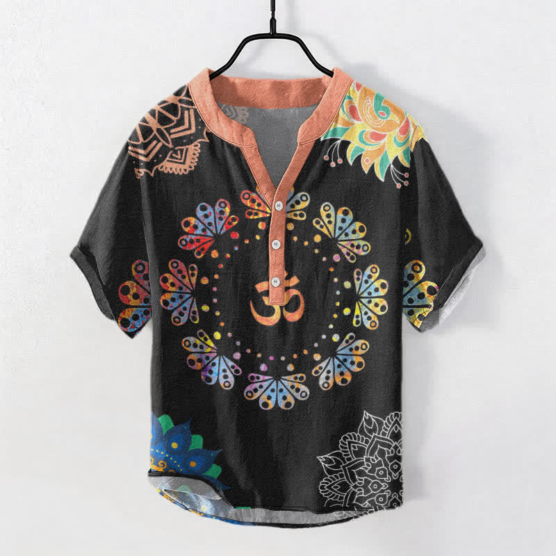 Buddha Stones Koszula męska z krótkim rękawem i półguzikiem, bawełniana, z motywem mandali i pawia Om Lotus - Czarny - US/UK/AU50, EU60 (5XL) - image 0