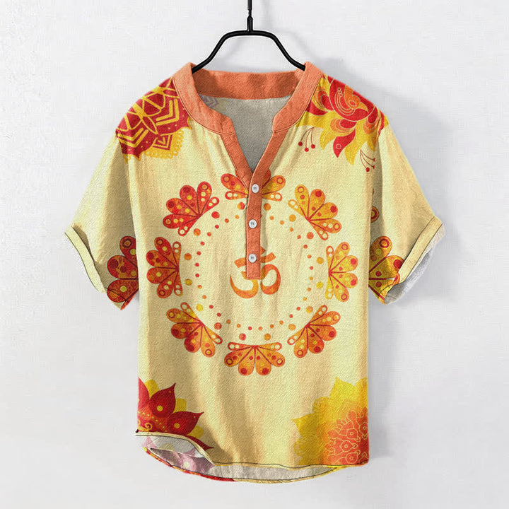 Buddha Stones Koszula męska z krótkim rękawem i półguzikiem, bawełniana, z motywem mandali i pawia Om Lotus - Jasnozłoty - US/UK/AU50, EU60 (5XL) - image 7