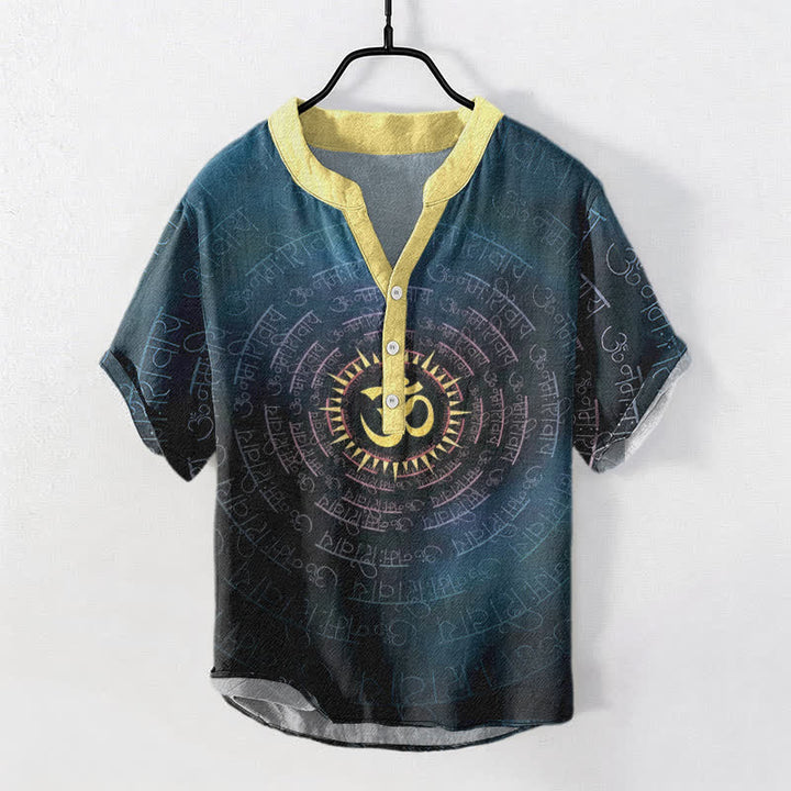 Buddha Stones Koszula męska z krótkim rękawem i półguzikiem z bawełny Om Mantra Emblem - Cyraneczka - US/UK/AU50, EU60 (5XL) - image 0