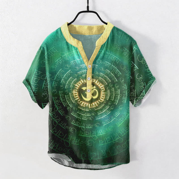 Buddha Stones Koszula męska z krótkim rękawem i półguzikiem z bawełny Om Mantra Emblem - MediumSeaGreen - US/UK/AU50, EU60 (5XL) - image 5