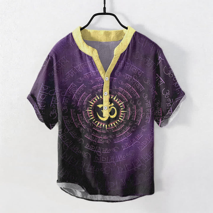 Buddha Stones Koszula męska z krótkim rękawem i półguzikiem z bawełny Om Mantra Emblem - Ciemnofioletowy - US/UK/AU50, EU60 (5XL) - image 7