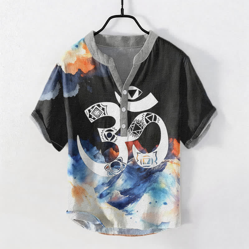 Buddha Stones Koszula męska z krótkim rękawem i guzikami Cotton Om Chakra Emblem - Czarny - US/UK/AU50, EU60 (5XL) - image 0