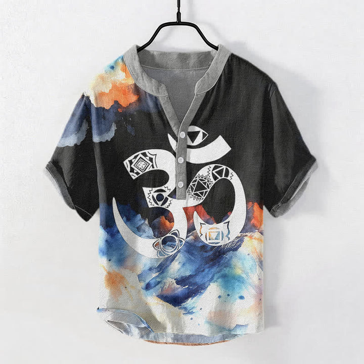 Buddha Stones Koszula męska z krótkim rękawem i guzikami Cotton Om Chakra Emblem - Czarny - US/UK/AU50, EU60 (5XL) - image 0