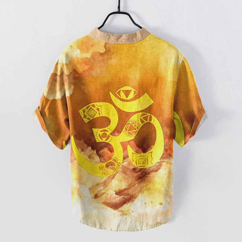 Buddha Stones Koszula męska z krótkim rękawem i guzikami Cotton Om Chakra Emblem - image 4