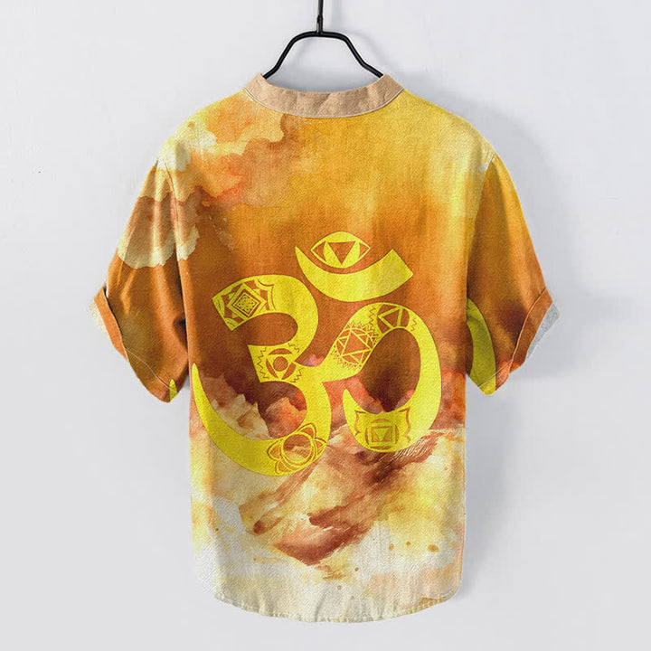 Buddha Stones Koszula męska z krótkim rękawem i guzikami Cotton Om Chakra Emblem - image 4