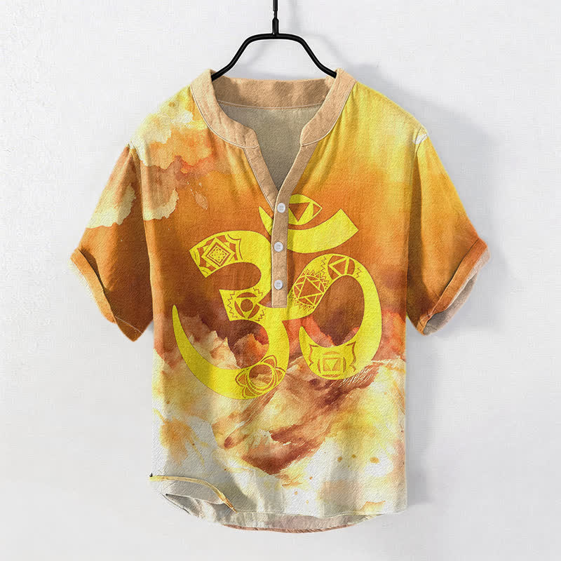 Buddha Stones Koszula męska z krótkim rękawem i guzikami Cotton Om Chakra Emblem - Pomarańczowy - US/UK/AU50, EU60 (5XL) - image 3