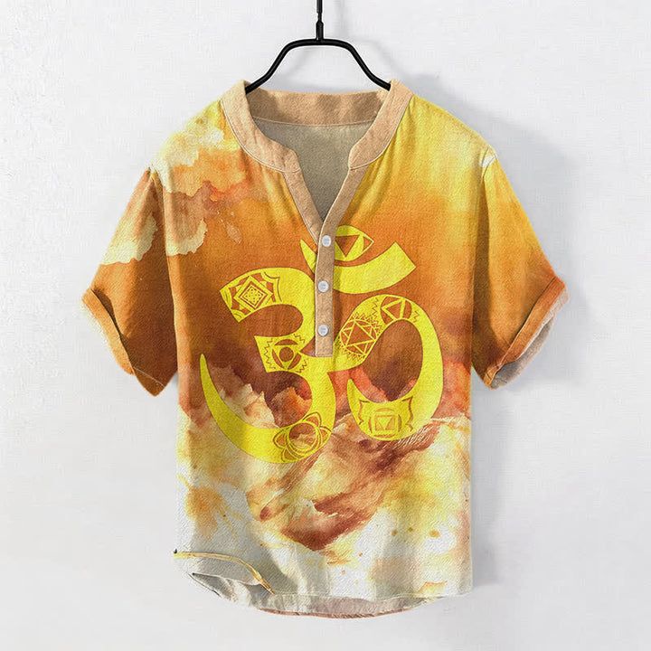 Buddha Stones Koszula męska z krótkim rękawem i guzikami Cotton Om Chakra Emblem - Pomarańczowy - US/UK/AU50, EU60 (5XL) - image 3