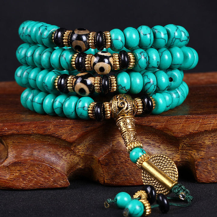 Buddha Stones Tybetańskie koraliki 108 turkusowych koralików Dzi Wisdom Balance Mala - 10 mm*108 - image 0