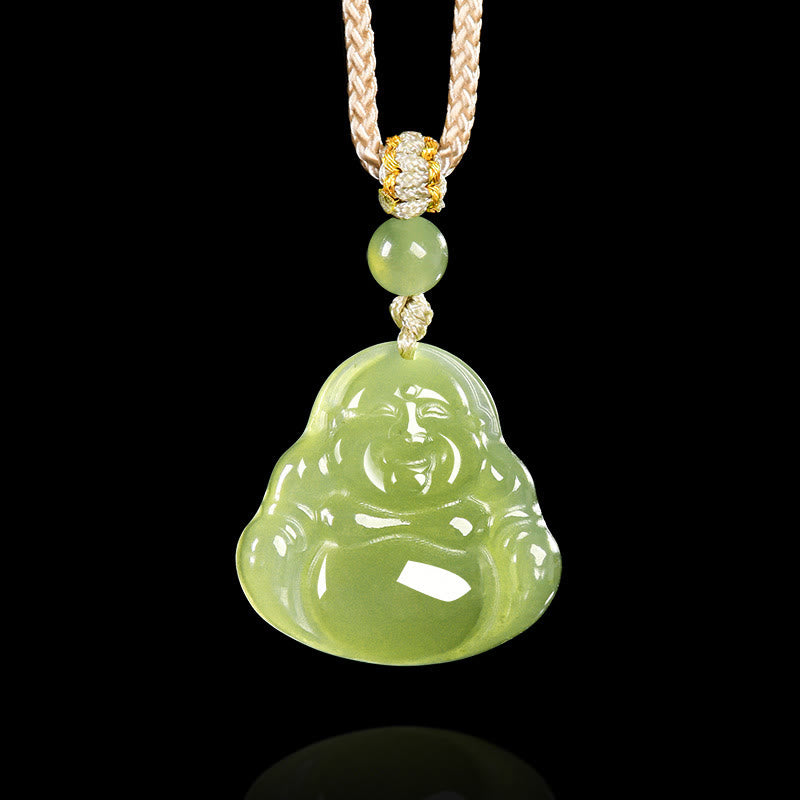 Buddha Stones Naszyjnik z zielonego jadeitu z wisiorkiem "Śmiejący się Budda" w formie liny dobrobytu - Naturalny jadeit (kolor może się różnić) - image 0