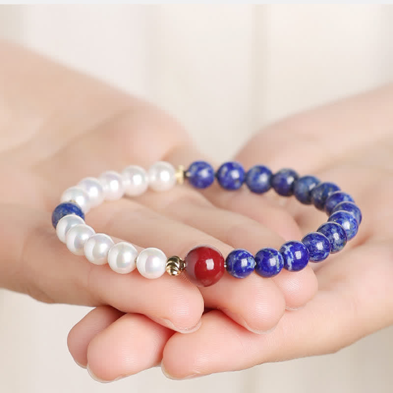 Buddha Stones Bransoletka z koralików Lapis Lazuli i Lazurytu z Perłą i Cynobrem - image 4