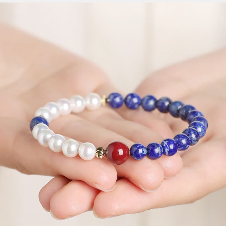 Buddha Stones Bransoletka z koralików Lapis Lazuli i Lazurytu z Perłą i Cynobrem - image 4