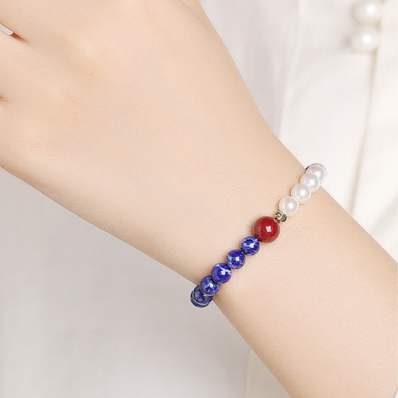 Buddha Stones Bransoletka z koralików Lapis Lazuli i Lazurytu z Perłą i Cynobrem - image 10