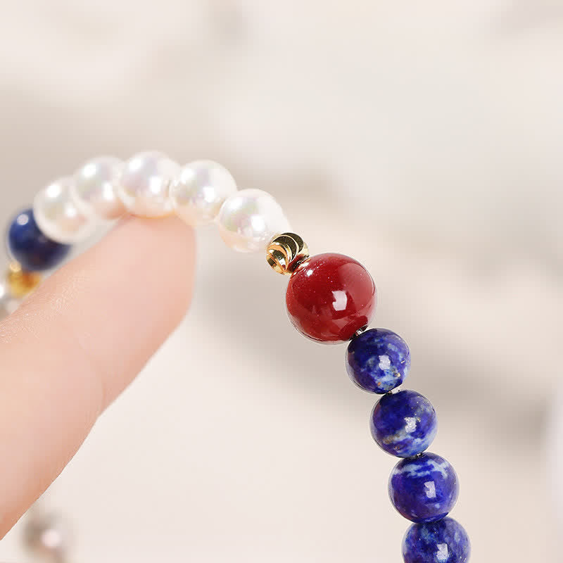Buddha Stones Bransoletka z koralików Lapis Lazuli i Lazurytu z Perłą i Cynobrem - image 3