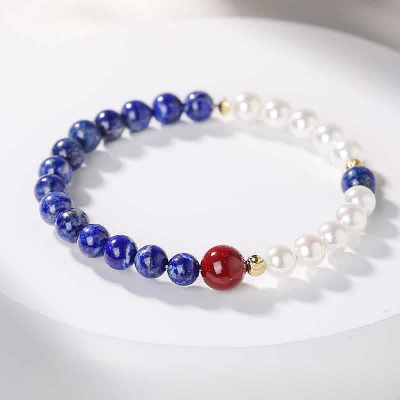 Buddha Stones Bransoletka z koralików Lapis Lazuli i Lazurytu z Perłą i Cynobrem - Pojedynczy opaska z lapis lazuli (obwód nadgarstka 14-15 cm) - 6 mm - image 1
